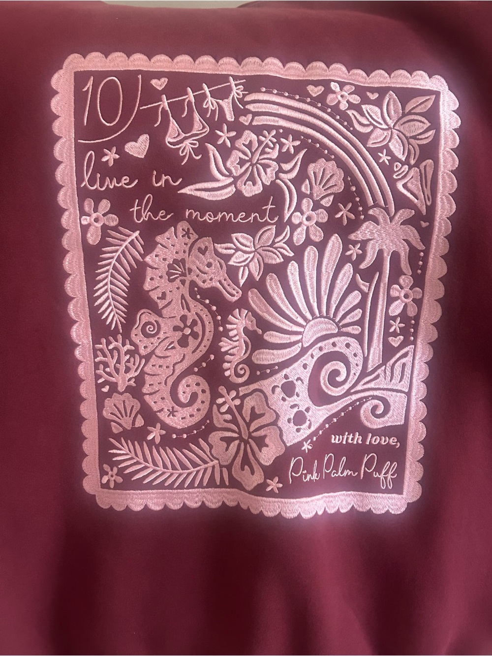 PINK Palm Puff original Maroon Sweatshirt with Light Pink Seahorse Graphic
